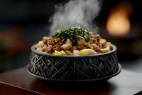Steaming hot dog food with meat and vegetables in decorative black bowl on wooden surface with warm bokeh background for pet nutrition advertising.