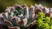 Succulent plants with purple-tipped leaves and green rosette formations creating natural garden arrangement for home decor and landscaping projects.