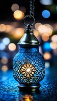 Ornate blue Moroccan lantern hanging with glowing light inside against blurred bokeh background, creating magical ambiance for home decor or festive events.