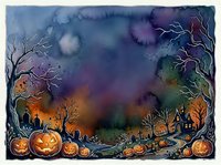 Spooky Halloween watercolor background with glowing jack-o-lanterns, bare trees, haunted houses and purple sky for seasonal designs and decorations.
