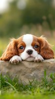 Adorable Cavalier King Charles Spaniel puppy with bright blue eyes resting head on stone wall, surrounded by green grass and natural bokeh background.