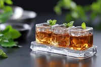 Three square glass cups with brown liquor and ice cubes garnished with fresh mint leaves on crystal serving tray against dark background. Elegant cocktail presentation.
