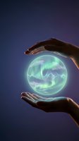 Hands holding glowing orb with aurora borealis energy waves inside against dark blue background. Concept for future technology, innovation, and spiritual power for design projects.