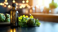 Dark glass bottle with golden sparkles against blurred bokeh lights, fresh artichokes and herbs on table, creating magical mood for wellness and culinary concepts.
