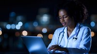 African American female doctor working late at night on laptop, wearing scrubs and stethoscope against blurred city lights background, portraying healthcare dedication.