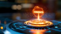 Glowing orange hexagon with congratulatory message hovering above futuristic digital interface with light effects and circular patterns.