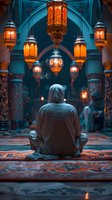 Person in traditional dress sitting on ornate carpet inside mosque with glowing lanterns and arched architecture. Peaceful spiritual atmosphere in blue and orange tones.