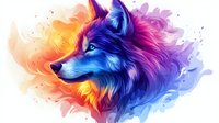 Majestic wolf head with vibrant rainbow colored fur in watercolor style. Fantasy animal art with flowing mane in purple, blue, orange and pink hues.