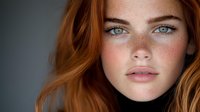 Young woman with natural freckles, red hair and striking blue eyes in soft lighting against dark background, expressing confidence and natural beauty.