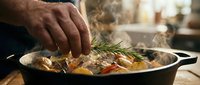 Chef's hand stirring vegetables and meat in hot skillet with steam rising, rosemary garnish, cooking preparation for culinary content.