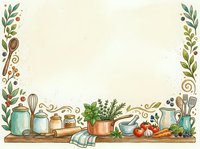 Watercolor kitchen border frame with cooking utensils, herbs, vegetables, and jars on a wooden shelf, perfect for recipe cards and menus.