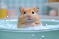 Adorable golden hamster taking bath in mint green container with soap bubbles, close up portrait of wet pet with tiny paws on edge looking at camera.