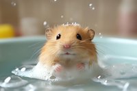 Adorable golden hamster taking bath in soapy water with foam bubbles, close up view showing cute face and tiny paws in turquoise basin. Pet care concept.