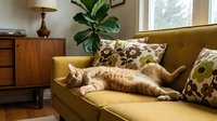 Young ginger tabby cat relaxing on mustard yellow sofa with patterned pillows in mid-century modern living room with wooden furniture and potted plant.