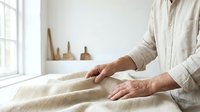 Senior woman hands smoothing natural linen fabric on table in bright minimalist interior. Textile craftsmanship and home decor preparation concept.