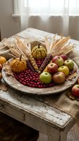 Autumn harvest arrangement with gourds, corn, apples and berries displayed on rustic wooden plate and table for seasonal home decor and fall celebrations.