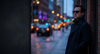 Confident businessman in dark coat standing on urban street at night with colorful city lights and traffic bokeh creating atmospheric mood.