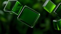 Translucent green glass cubes floating on dark background with soft bokeh effect and reflective surfaces create modern minimalist composition for technology designs.