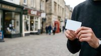 Person in dark sweater holding blank white card on busy shopping street with historic storefronts and pedestrians in background, suitable for business and retail marketing.