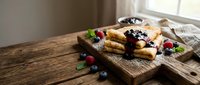 Homemade waffles with fresh berries and jam on rustic wooden board in cozy kitchen setting with natural morning light for breakfast menu design.