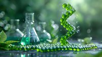 Green DNA helix made of water drops and spheres with laboratory glassware in background, science concept visualization on wet surface with bokeh effect.