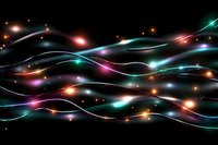 Glowing wavy lines with colorful light effects on black background create dynamic abstract pattern with sparkles and luminous energy streams.