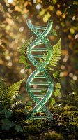 Glass DNA double helix structure with green fern leaves in natural forest setting with golden bokeh light for biotechnology and genetics concepts.
