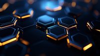 Futuristic hexagonal pattern with glowing golden edges on dark blue background, creating a high-tech digital surface for technology concepts.
