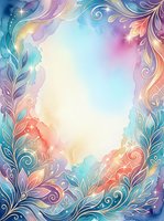 Watercolor floral frame with golden swirls, pastel blue, pink and purple hues, glowing sparkles, and a soft light center for text or design.