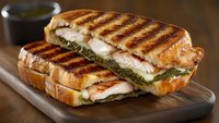 Grilled panini sandwich with melted cheese and pesto on toasted bread, served on wooden cutting board with dipping sauce for restaurant menu design.