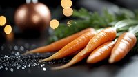 Fresh organic carrots with green tops on dark background with bokeh lights and salt crystals, food photography for healthy eating and cooking concepts.
