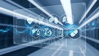 Digital healthcare technology interface with medical icons and data visualization on futuristic blue background for modern medicine applications.