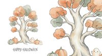 Watercolor autumn trees with pumpkins and cute ghosts on white background for Halloween greeting cards, seasonal decorations and holiday designs.