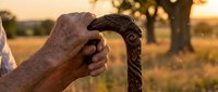 Elderly hands gripping wooden walking cane during golden hour sunset in countryside field with warm lighting for healthcare and aging concepts.