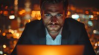 Middle-aged Caucasian male professional wearing business attire, working on laptop at night with warm city lights bokeh background, representing corporate work, remote business, and urban entrepreneurship.