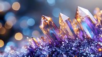 Magical crystal formation with purple and orange glowing quartz points against dark background with bokeh lights, macro photography showing mineral details.