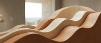 Abstract flowing wooden waves creating organic sculptural forms with warm natural lighting and soft shadows in minimalist interior space.
