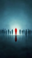Red silhouette stands out from crowd on reflective surface against glowing light, symbolizing leadership, uniqueness and individuality in business concept.