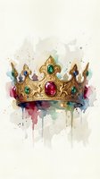 Golden royal crown with precious gems in watercolor style with colorful paint drips on light background for luxury design projects.