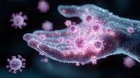 Glowing pink virus particles float above translucent crystalline hand on dark background, scientific visualization showing microscopic pathogen structure in medical research.