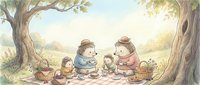 Adorable animal family having picnic under large tree in peaceful meadow setting with soft watercolor illustration style for children's books.