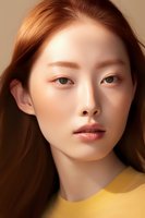Young Asian woman with flawless skin and natural makeup wearing yellow top, looking directly at camera with serene expression. Close-up beauty portrait on warm brown background.