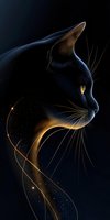 Elegant black cat silhouette with golden light effects and flowing particles on dark background for luxury design projects.
