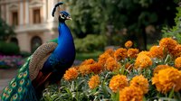 Majestic peacock perched near vibrant orange marigold flowers in garden setting, displaying iridescent blue plumage and ornate tail feathers against blurred architecture.
