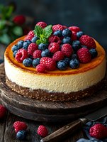 Fresh baked cheesecake topped with ripe raspberries and blueberries on wooden board, garnished with mint leaves, dark moody background, macro food photography.