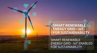 Smart renewable energy grid with IoT connectivity for sustainable power management at sunset with wind turbines and digital network icons.