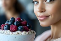 Young African American woman smiling while holding bowl of fresh berries and oatmeal. Healthy breakfast concept focusing on natural ingredients and wellness lifestyle.