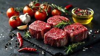 Raw beef tenderloin steaks with fresh herbs, tomatoes, garlic, chili peppers and olive oil on dark stone background. Fresh meat for grilling or cooking.