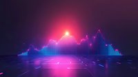 Retro futuristic landscape with neon mountain range and grid floor reflecting pink and purple light in synthwave style against starry sky background.