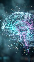 Glowing transparent brain with colorful neural networks and sparkling particles on dark background for medical technology and artificial intelligence concepts.